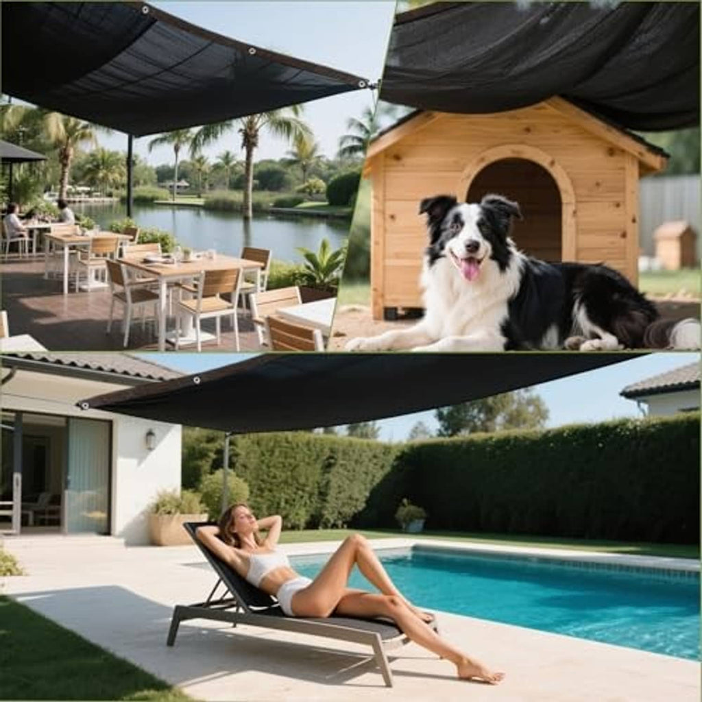 Black shade net canopy panels with corner grommets over a poolside yard
