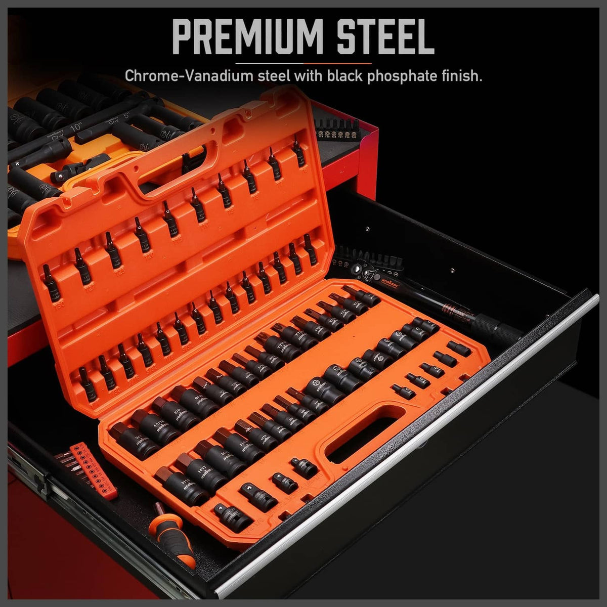 Black socket set with premium steel finish arranged in orange case