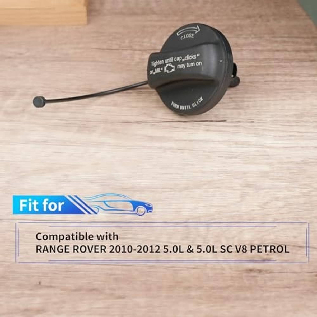 Black fuel tank filler cap with tethered lever and CLOSE/TURN UNTIL CLICK markings