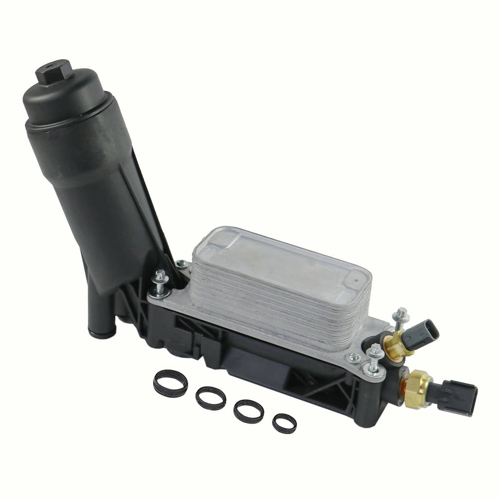 Oil filter adapter housing with gasket set and brass connectors, black and silver heat plate