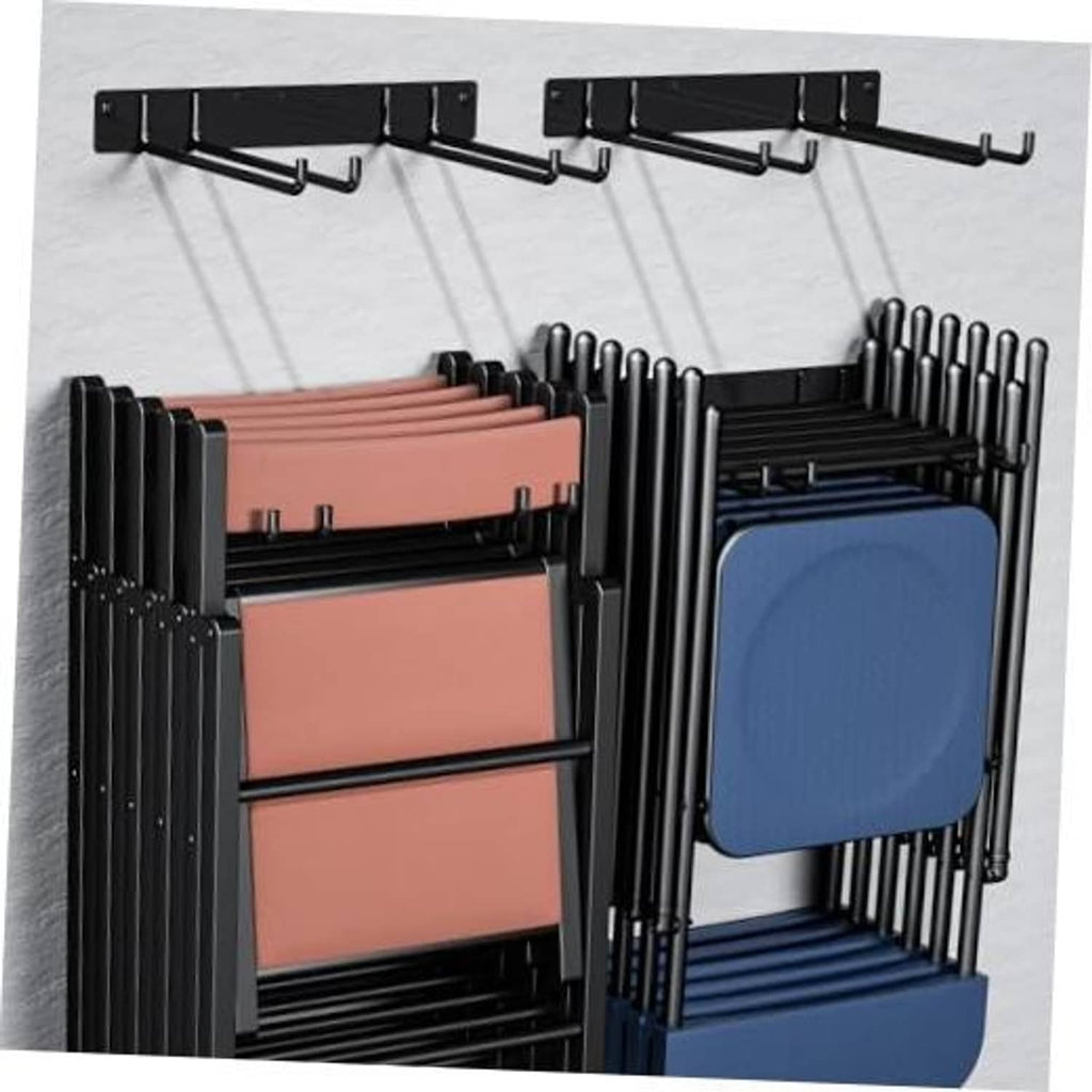 Black folding chair storage rack with top hook bars and side rails
