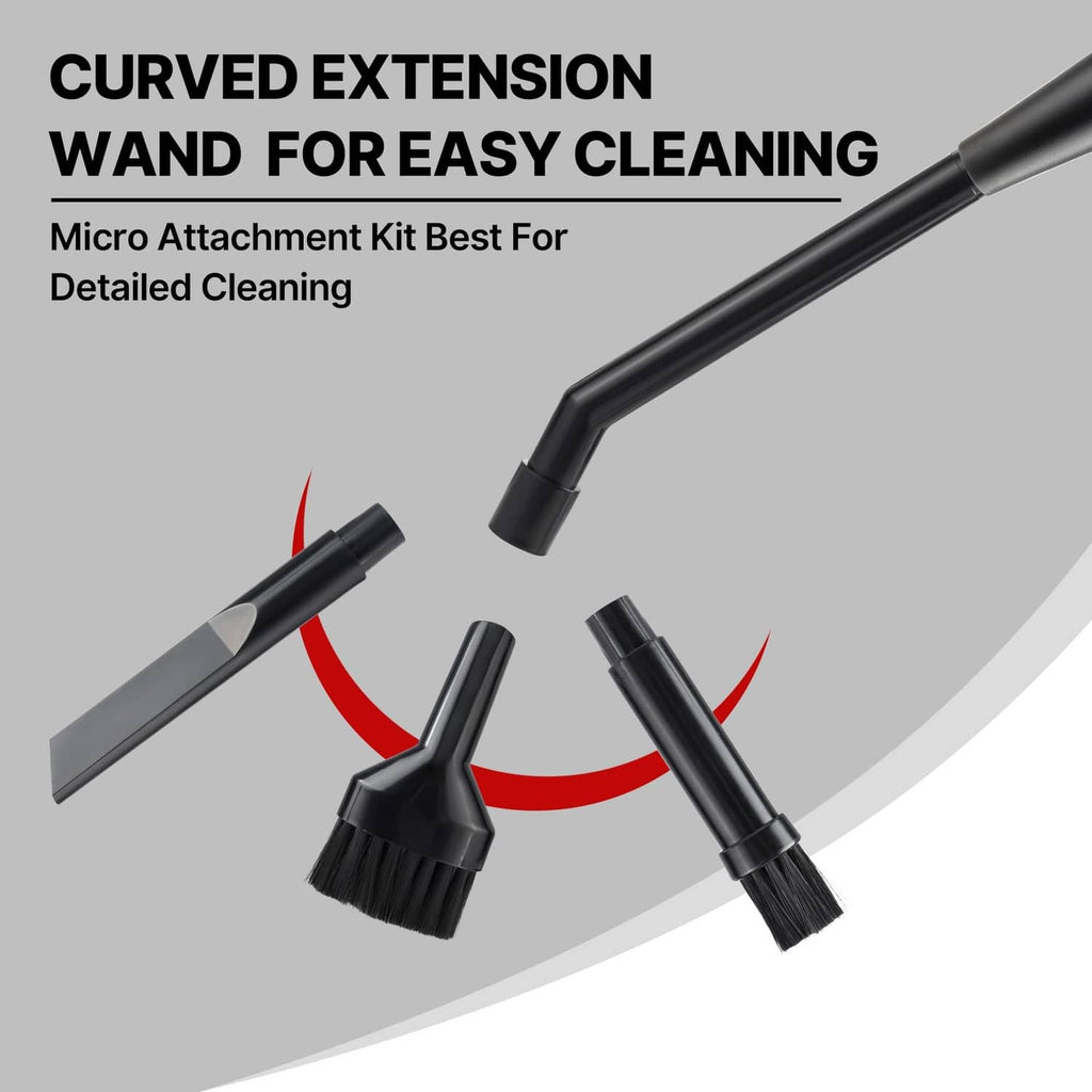Black curved extension wand with micro brush attachments for easy detailed cleaning