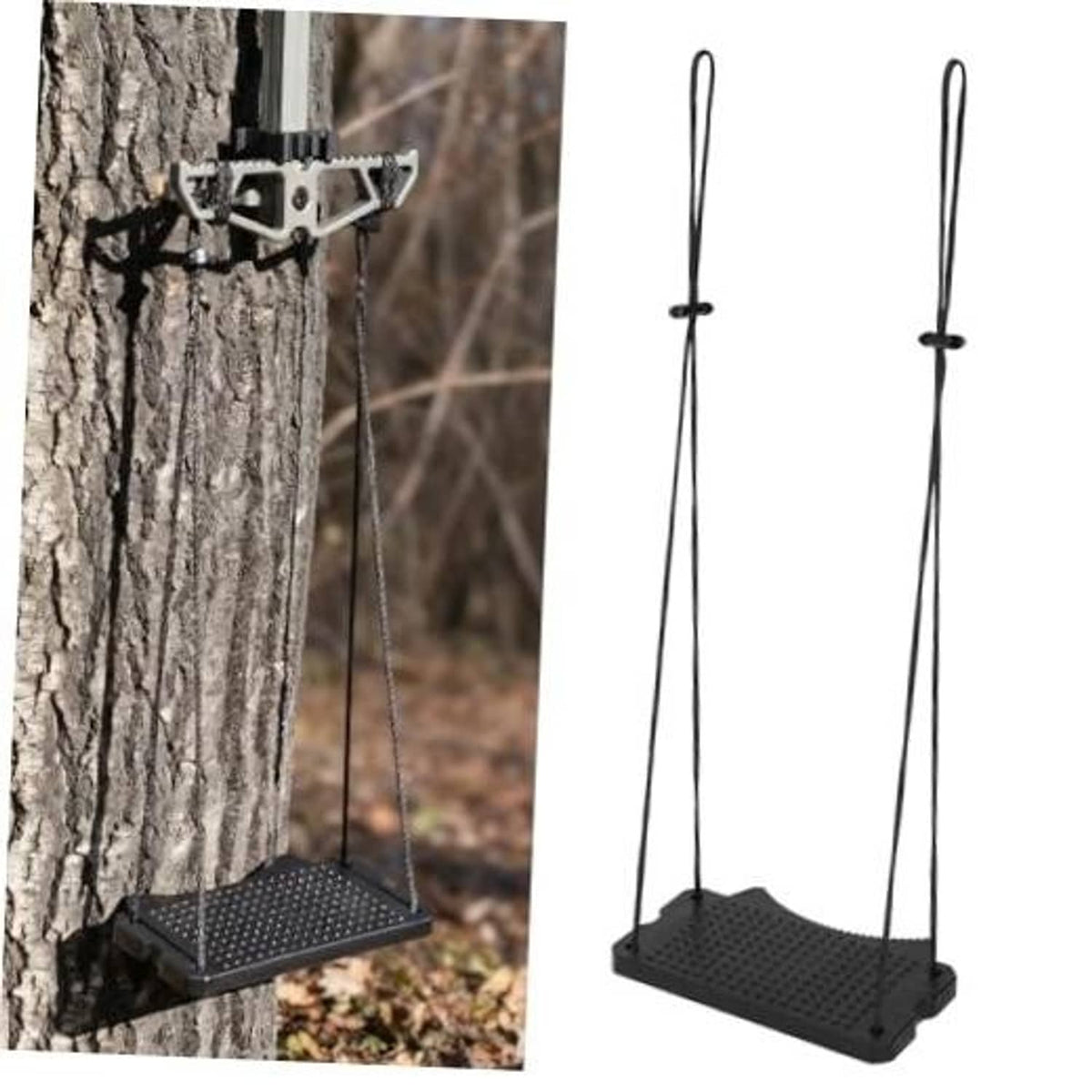 Black textured single-step tree climbing aider with metal bracket and hanging ropes
