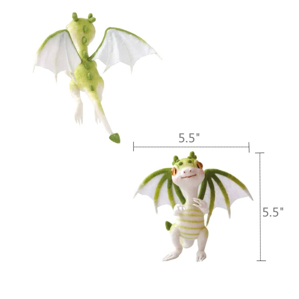 Finished green felt dragon figurine with wings, size diagram showing 5.5 in