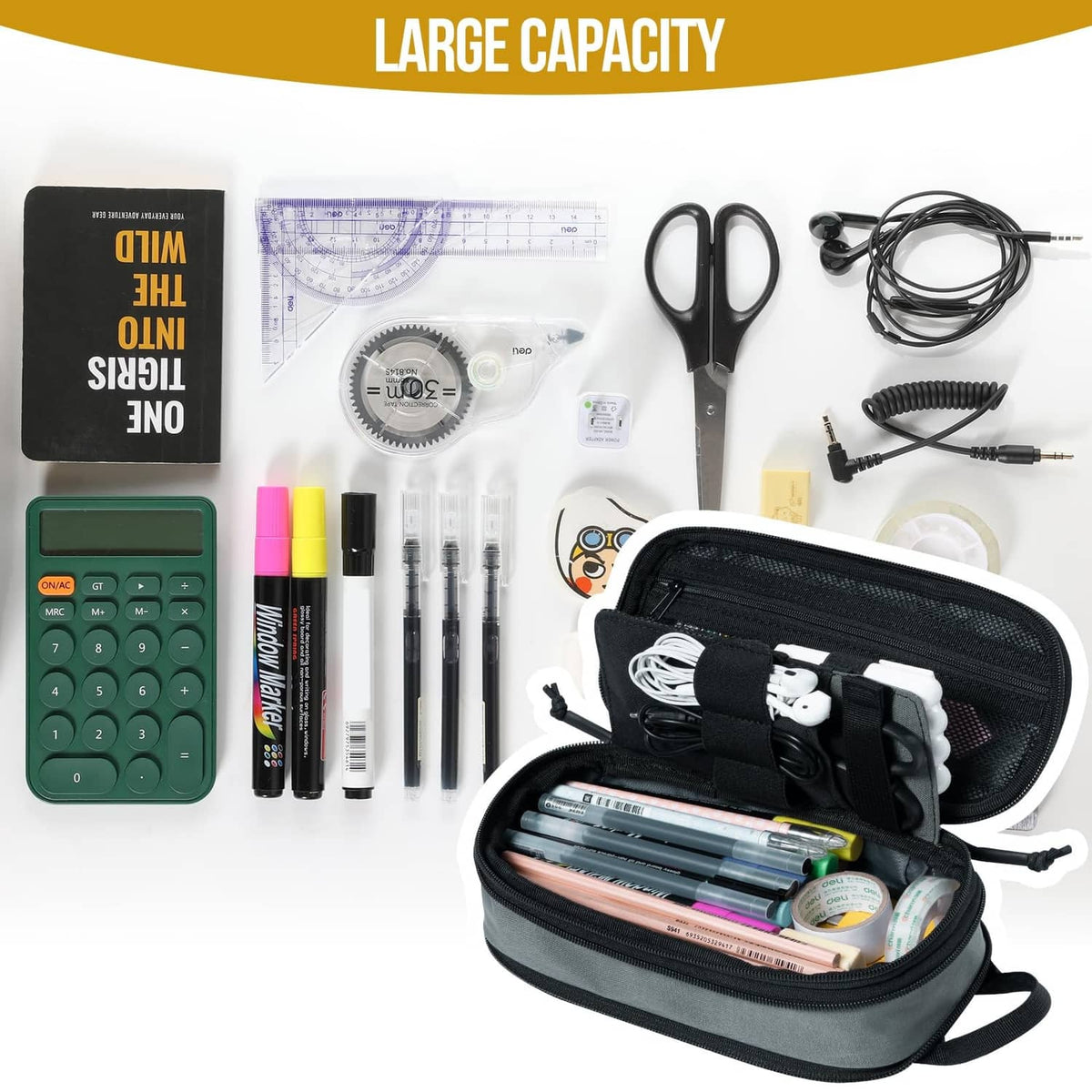 Open grey pencil case organizer with multiple compartments holding pens, markers, and tools