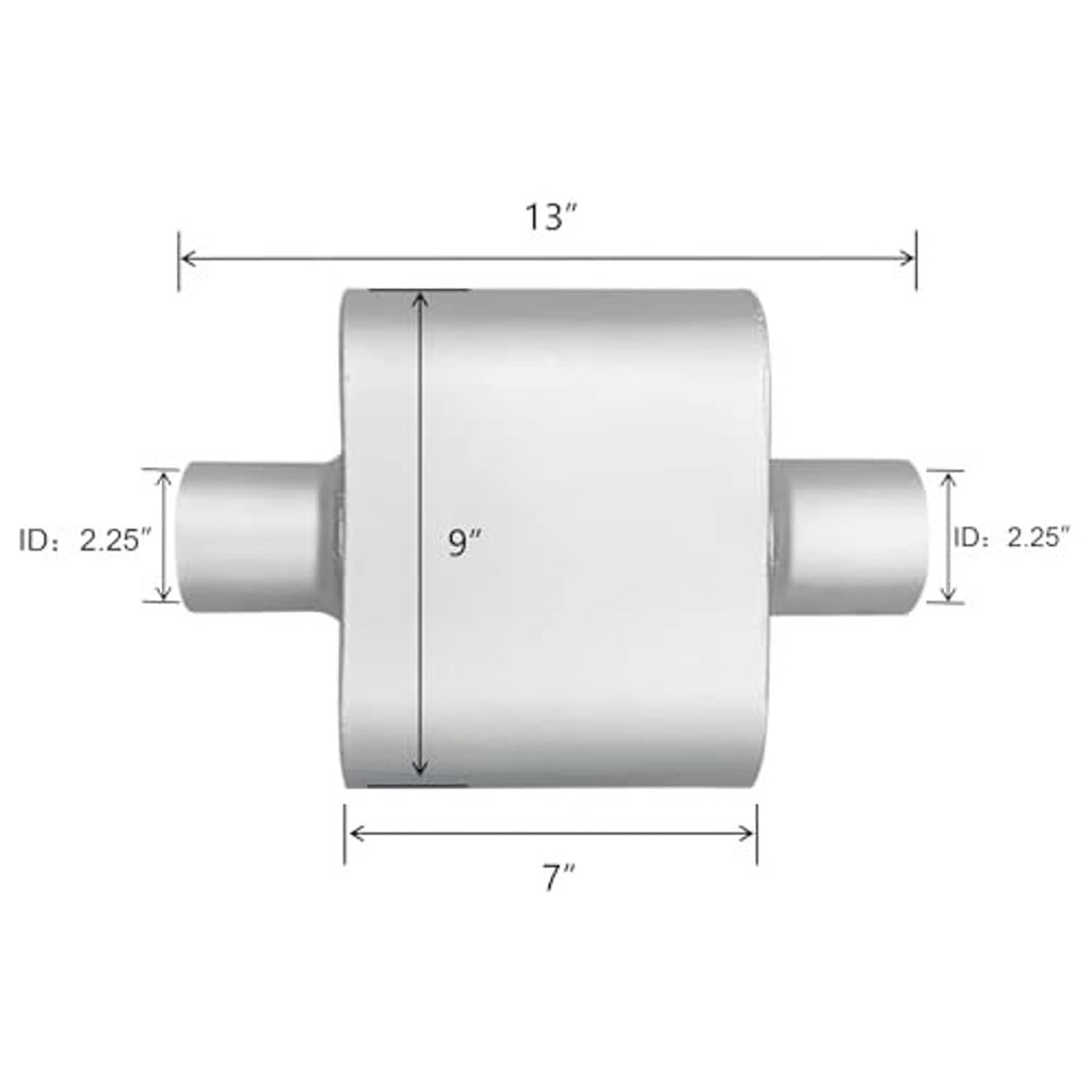 Silver muffler with dimensions: 13 in length, 7 in width, 9 in height