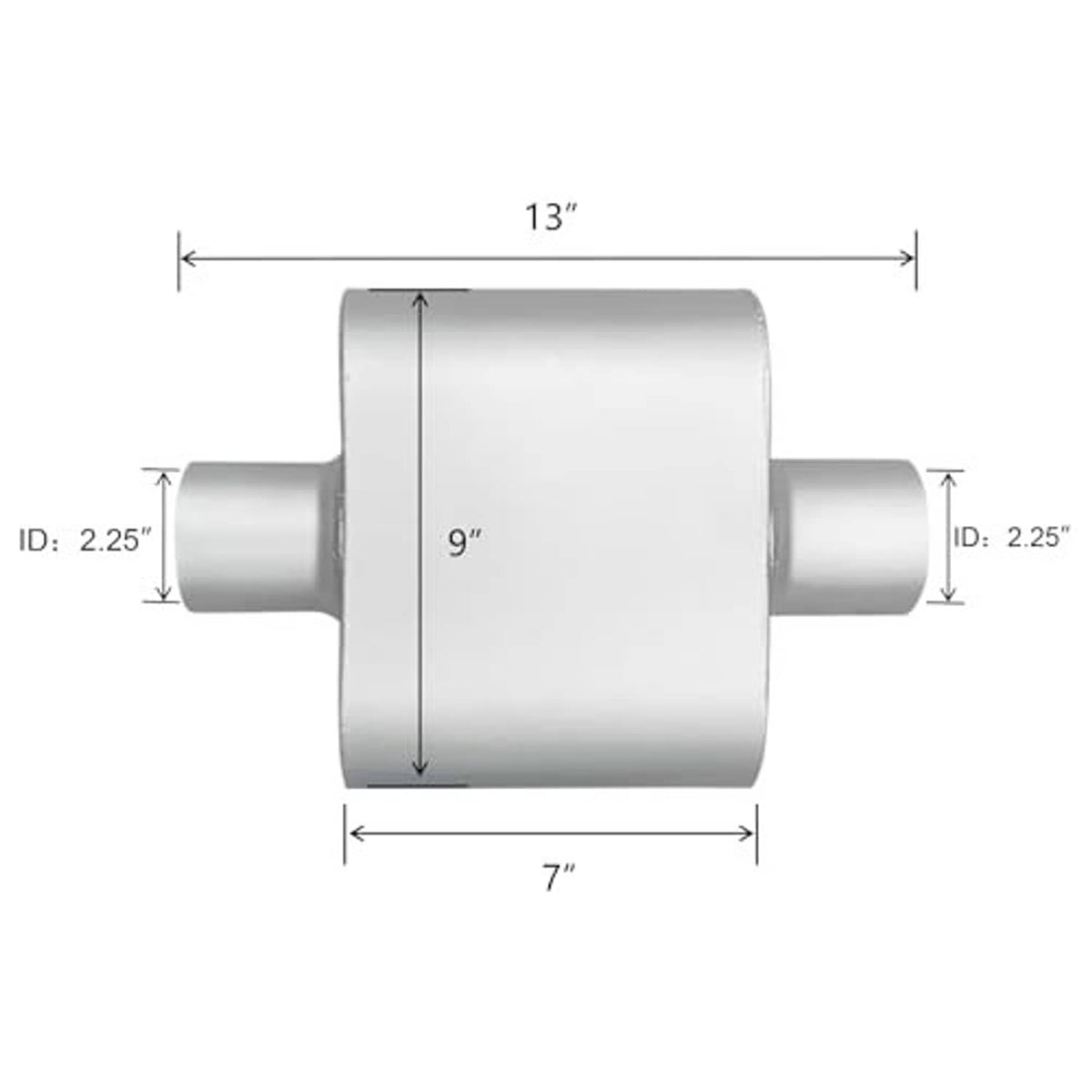 Silver muffler with dimensions: 13 in length, 7 in width, 9 in height