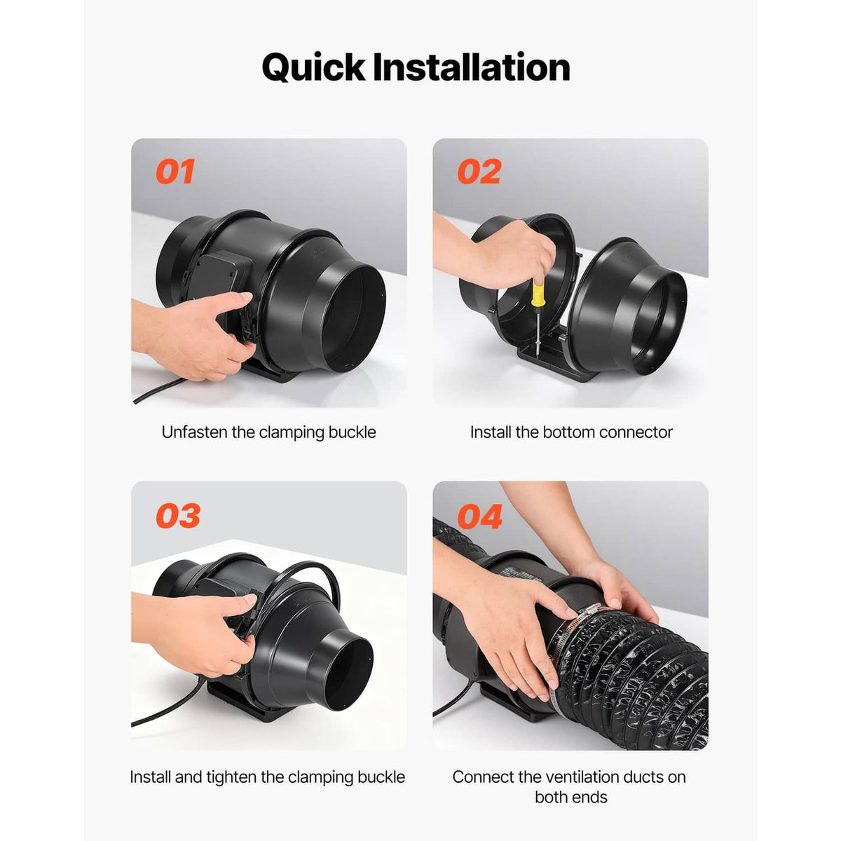 Inline ventilation fan quick-install steps with clamping buckle and duct connector ends