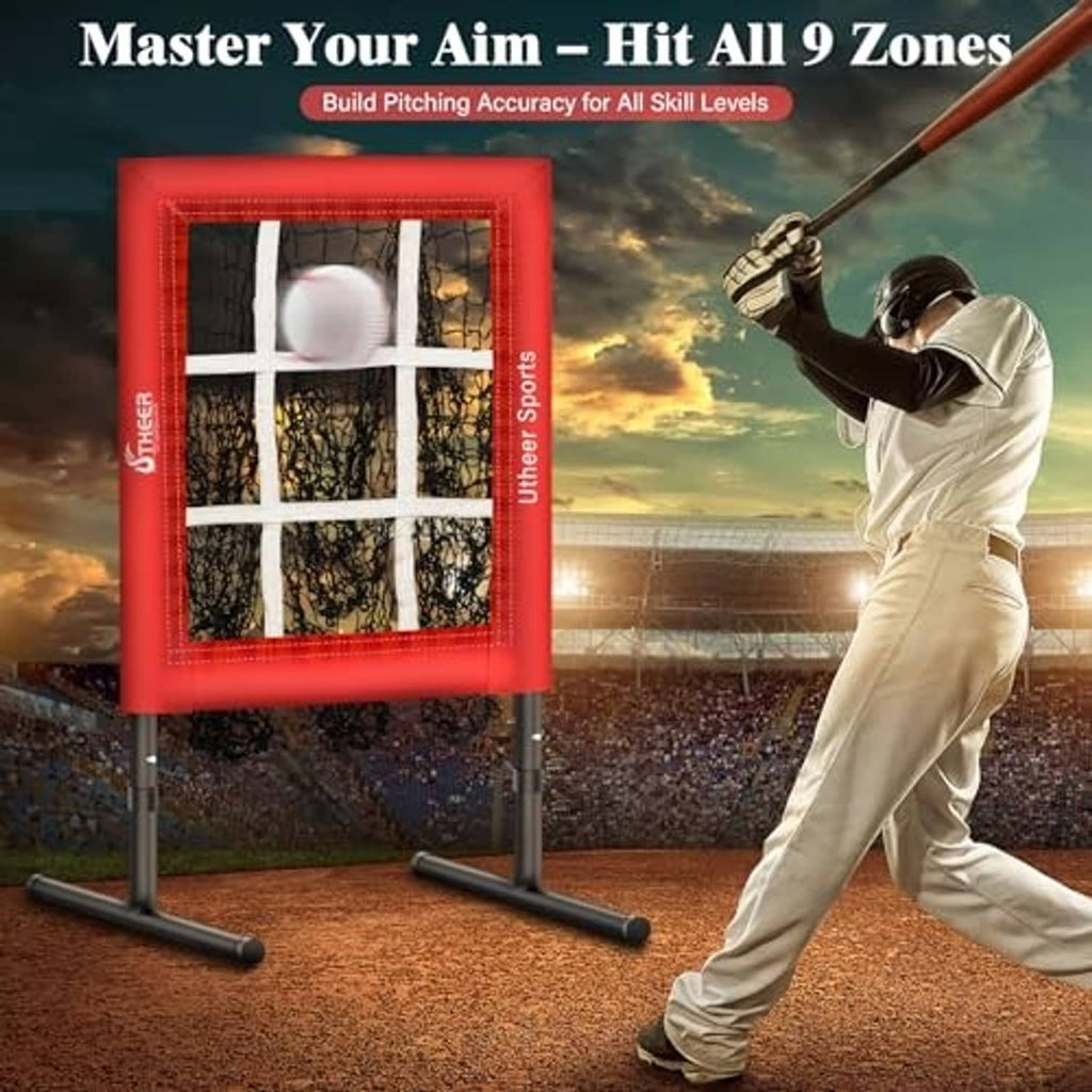 Red 9-zone pitching practice net with black netting and two-ground stake bases