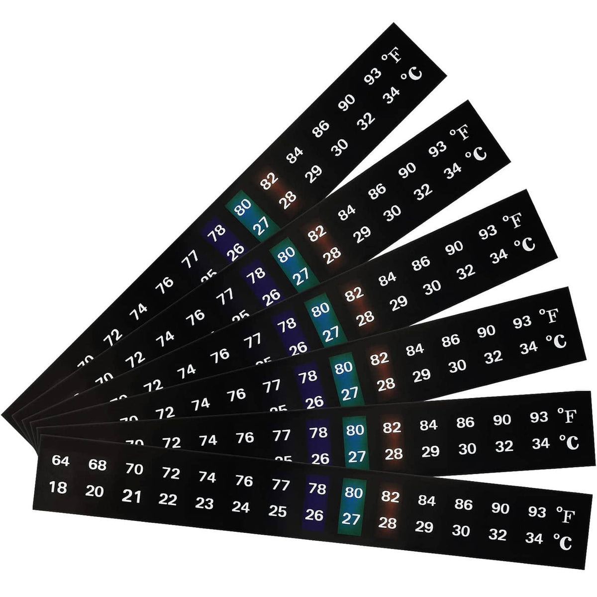 Set of black horizontal thermometer strip stickers with °F and °C temperature scale.