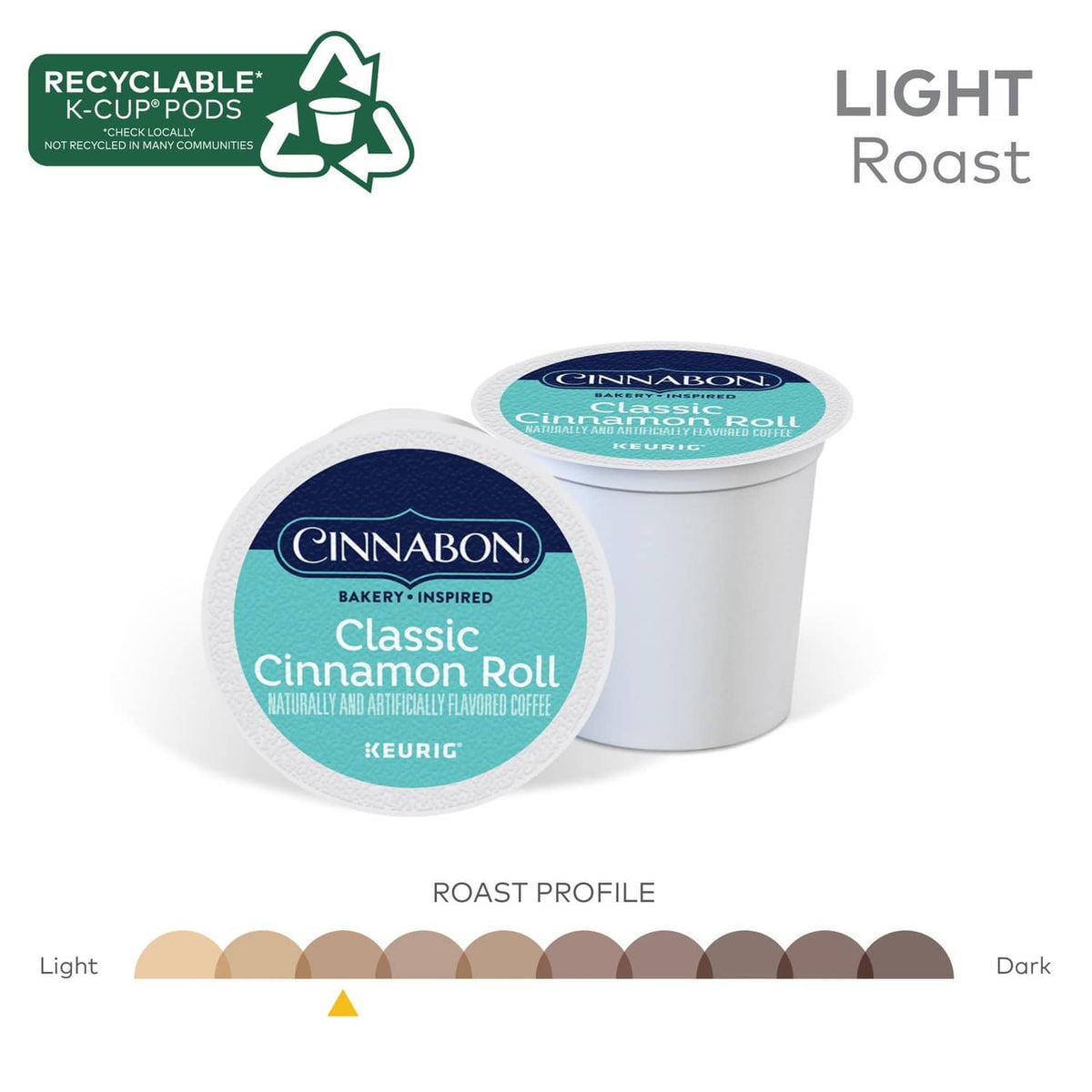 Two Classic Cinnamon Roll K-Cup pods, light roast