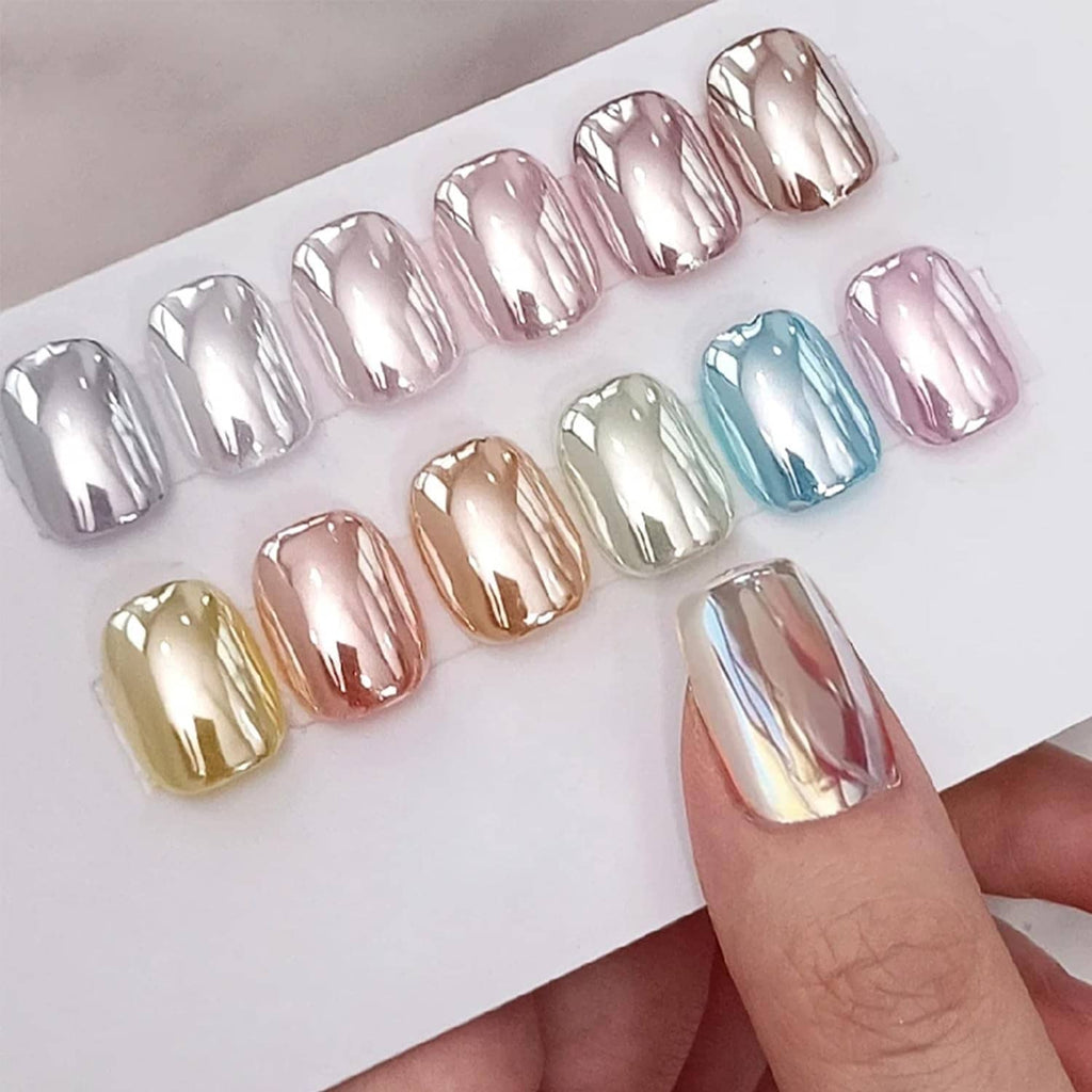 Chrome mirror effect nail tips, glossy silver and pastel multi-color shades