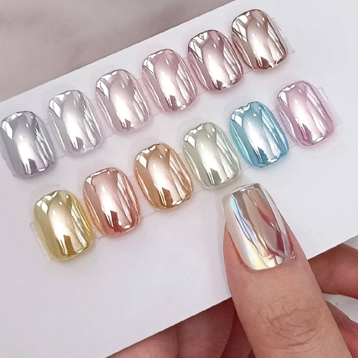 Chrome mirror effect nail tips, glossy silver and pastel multi-color shades