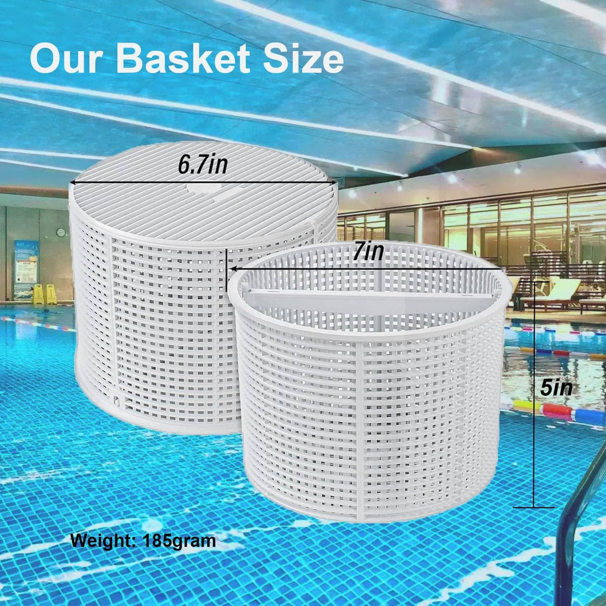 White round skimmer basket replacement, 6.7 in top diameter and 7 in height