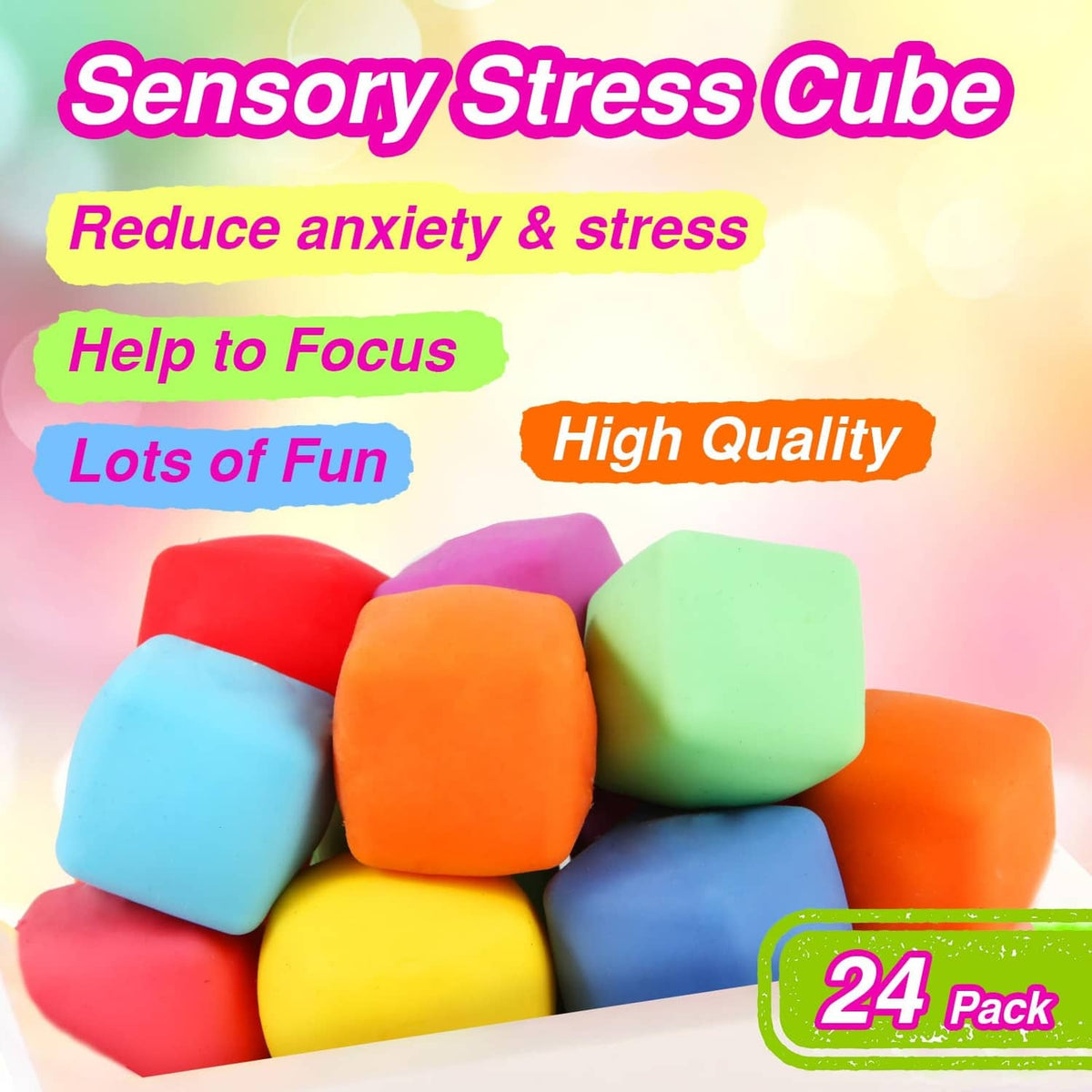 Stack of colorful square sensory stress cubes in red, purple, orange, green, and blue