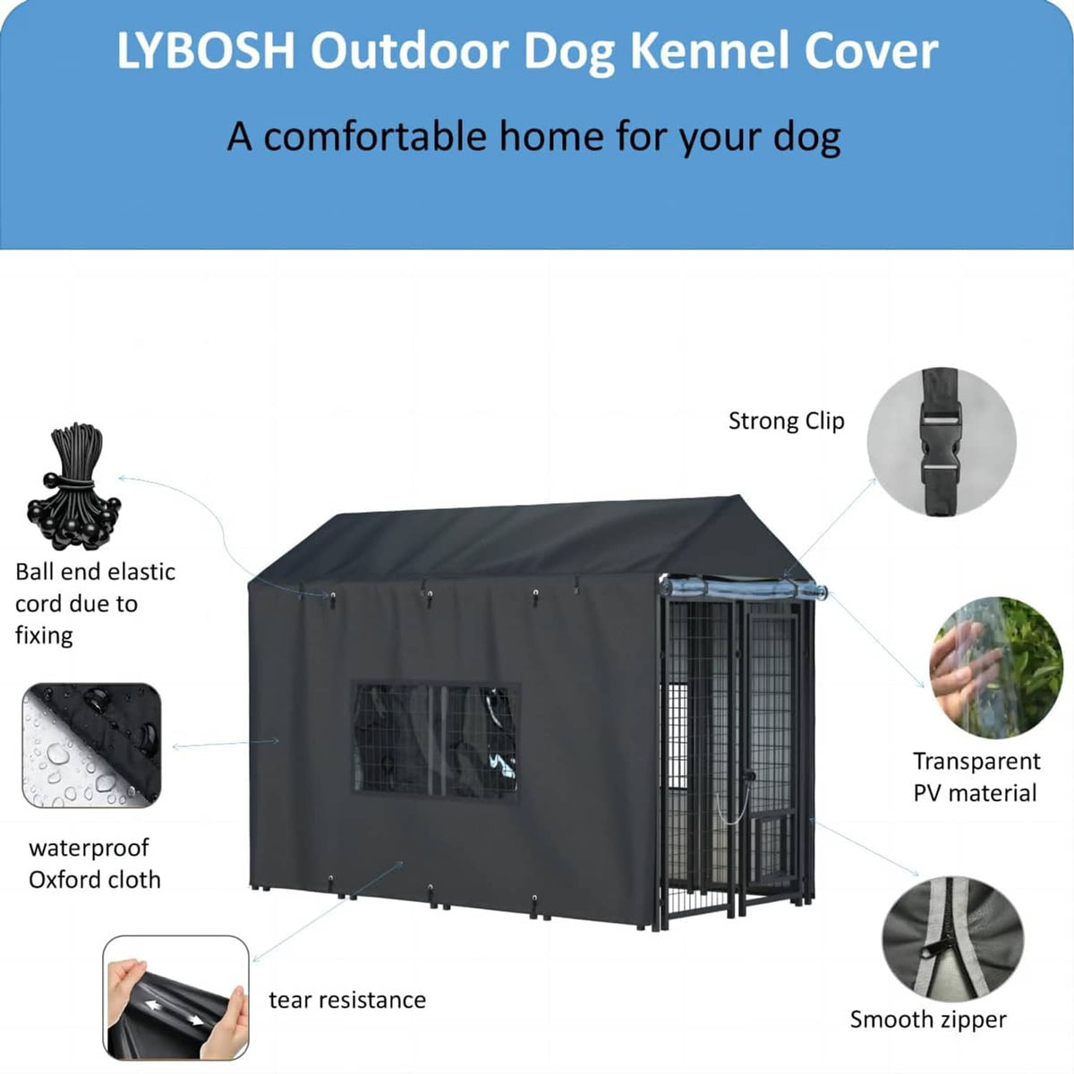 Outdoor dog kennel cover in dark gray with zippered front panel and mesh window