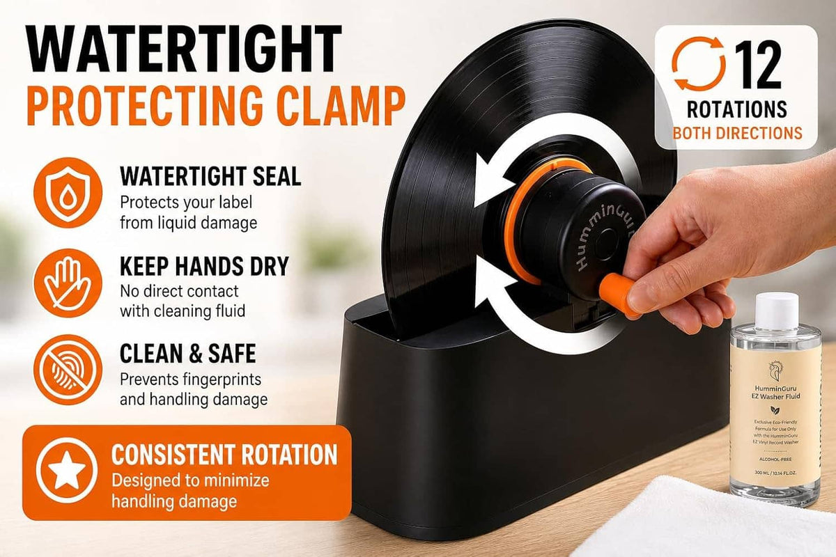 WaterTight protecting clamp on vinyl record washer with spinning cleaner arm