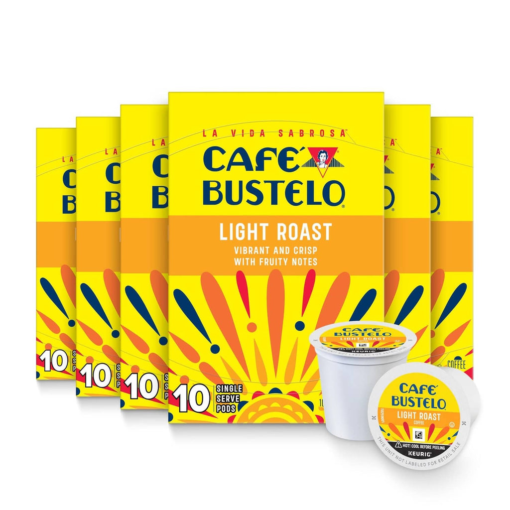 Cafe Bustelo Light Roast coffee pods, yellow multipack boxes with single pod cup