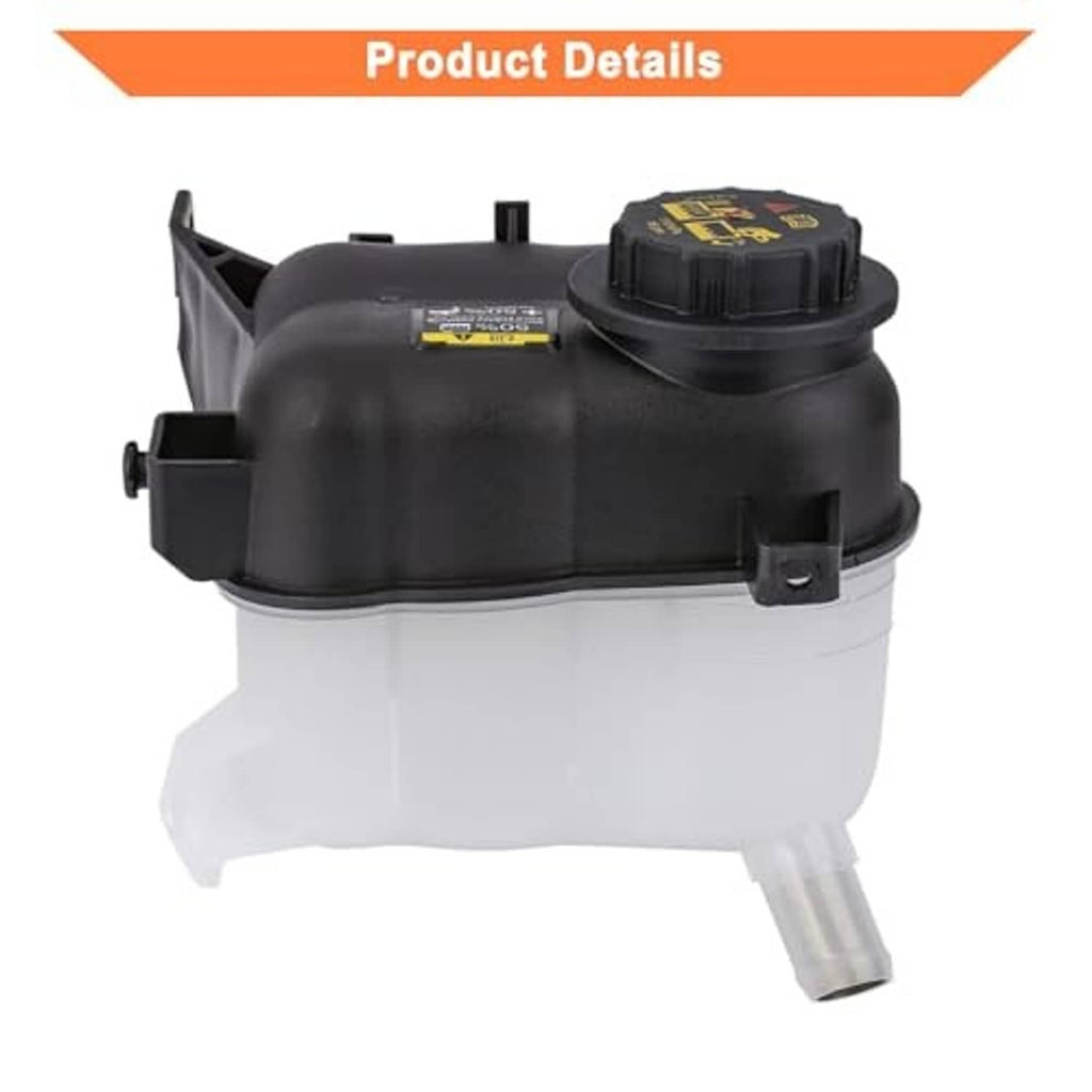 Coolant expansion tank with black top cap and white reservoir, side vent and mounting clips