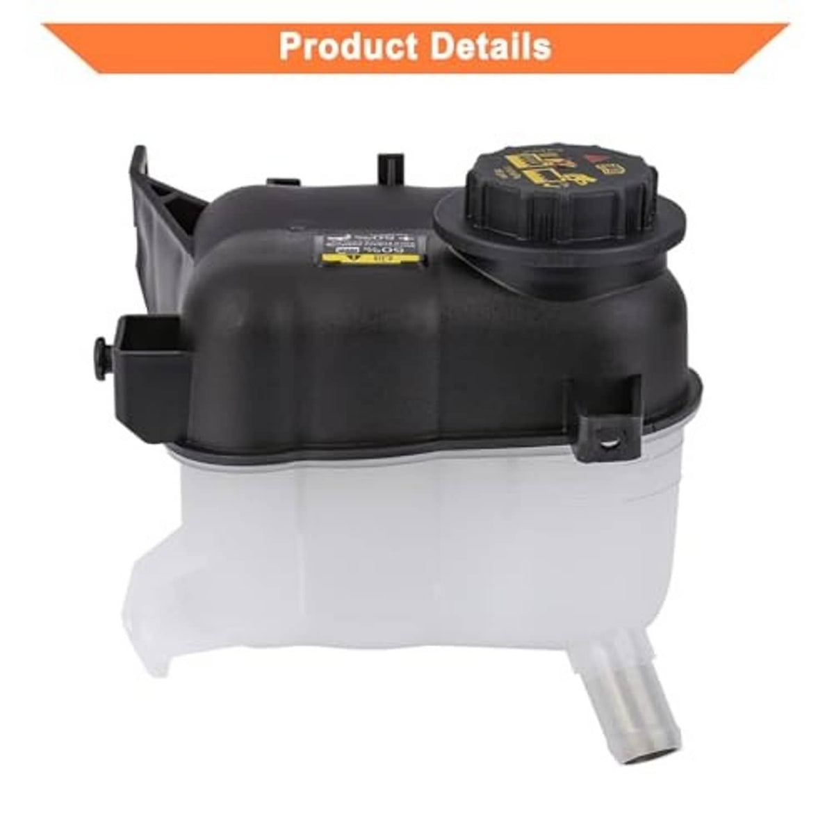 Coolant expansion tank with black top cap and white reservoir, side vent and mounting clips