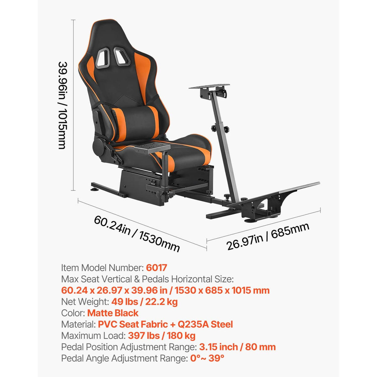 Racing wheel stand with black and orange bucket seat, steel frame, and pedal platform