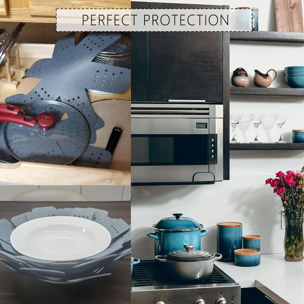 Gray pot and pan protectors shown in kitchen storage, star-dot perforation pads.