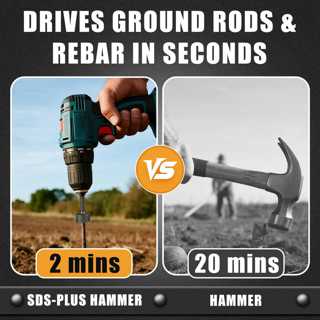 SDS-Plus ground rod driver attachment mounted on hammer drill for driving ground rods
