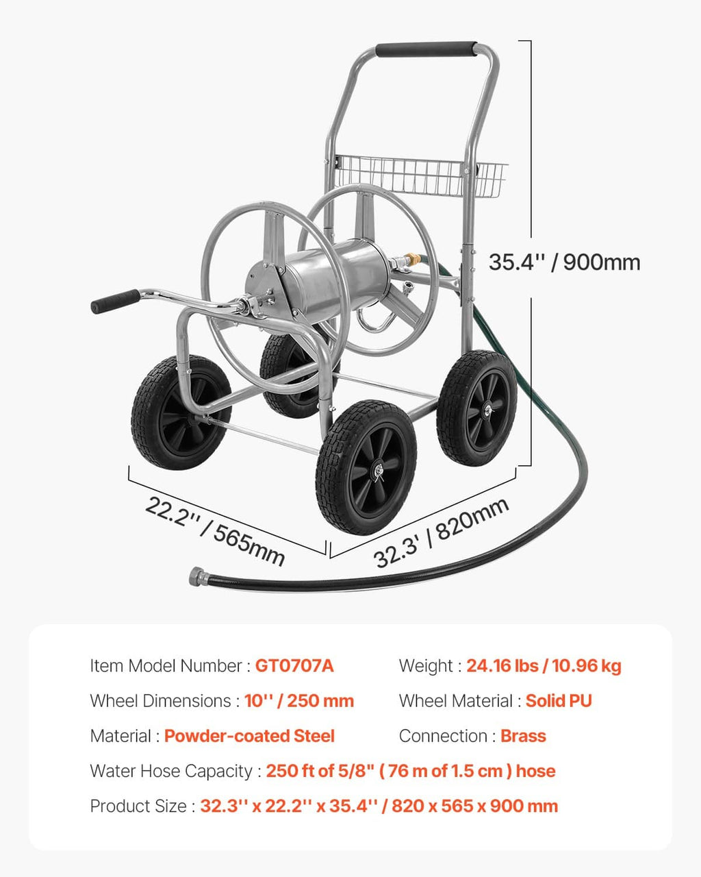 Water hose reel cart dimensions view with metal drum, basket, and green hose length