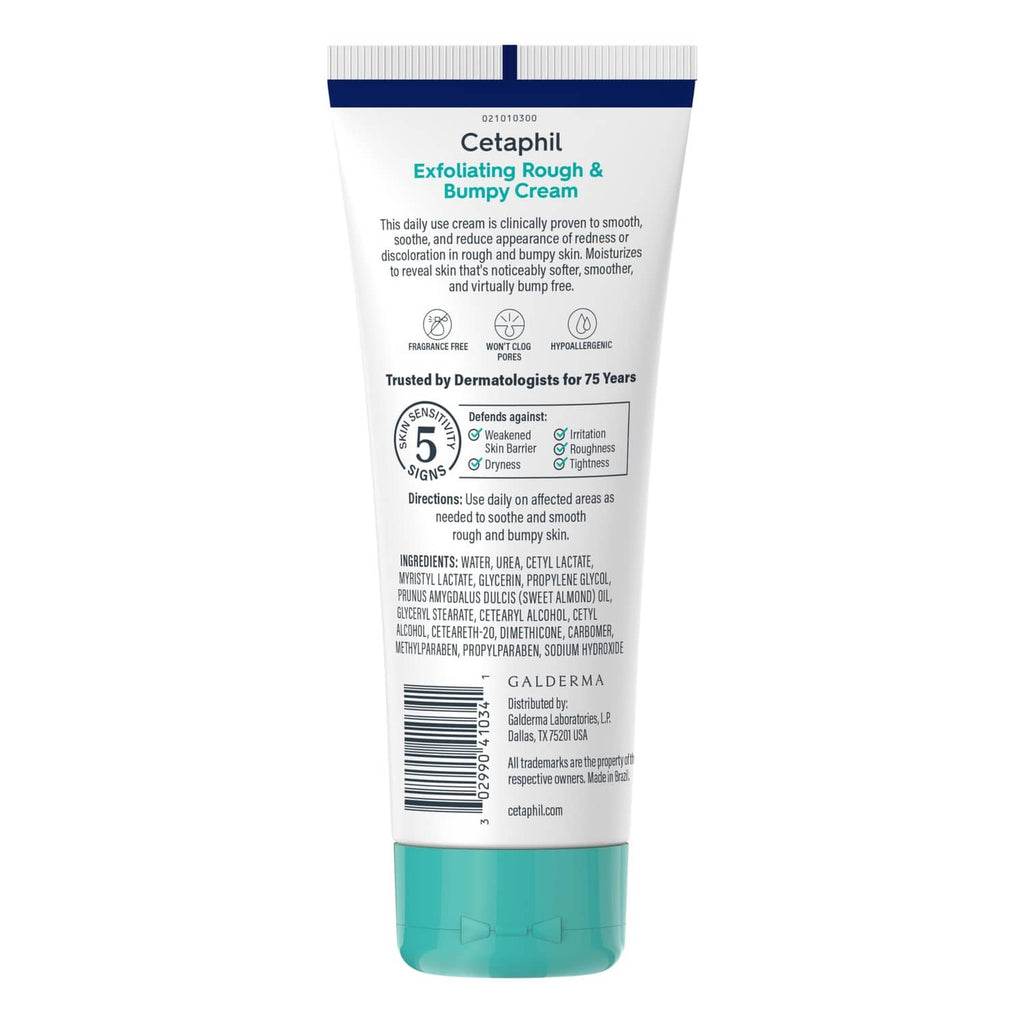 Cetaphil Exfoliating Rough & Bumpy Cream tube back label with ingredients and barcode