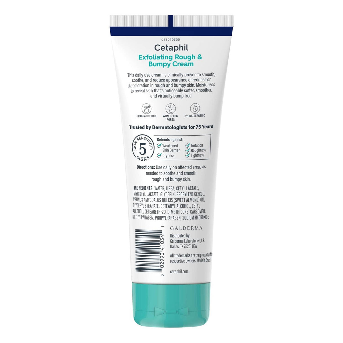 Cetaphil Exfoliating Rough & Bumpy Cream tube back label with ingredients and barcode