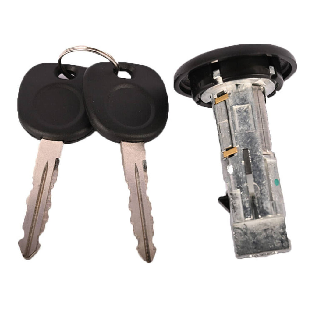 Ignition lock cylinder with two keys and black tops, silver metal lock body