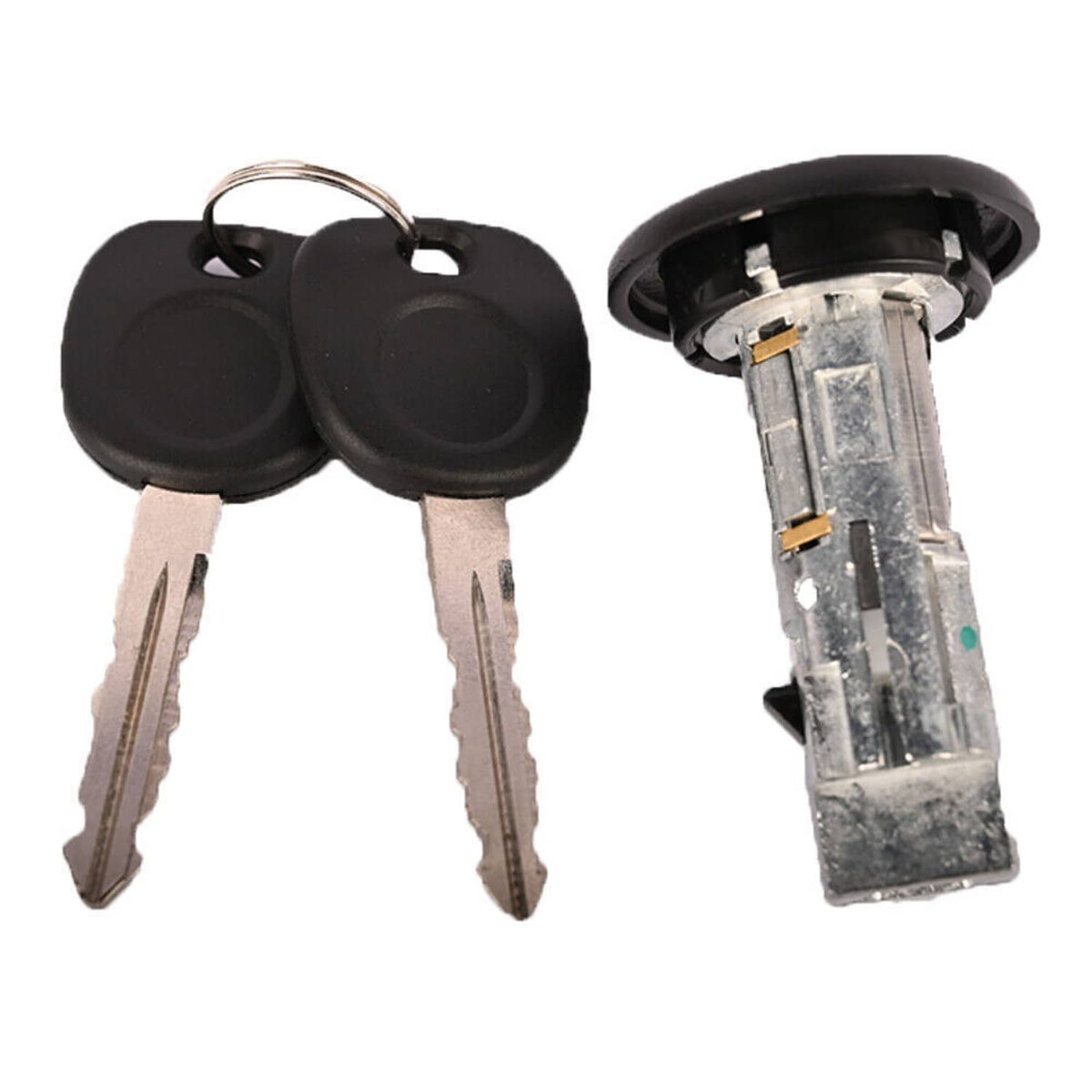 Ignition lock cylinder with two keys and black tops, silver metal lock body