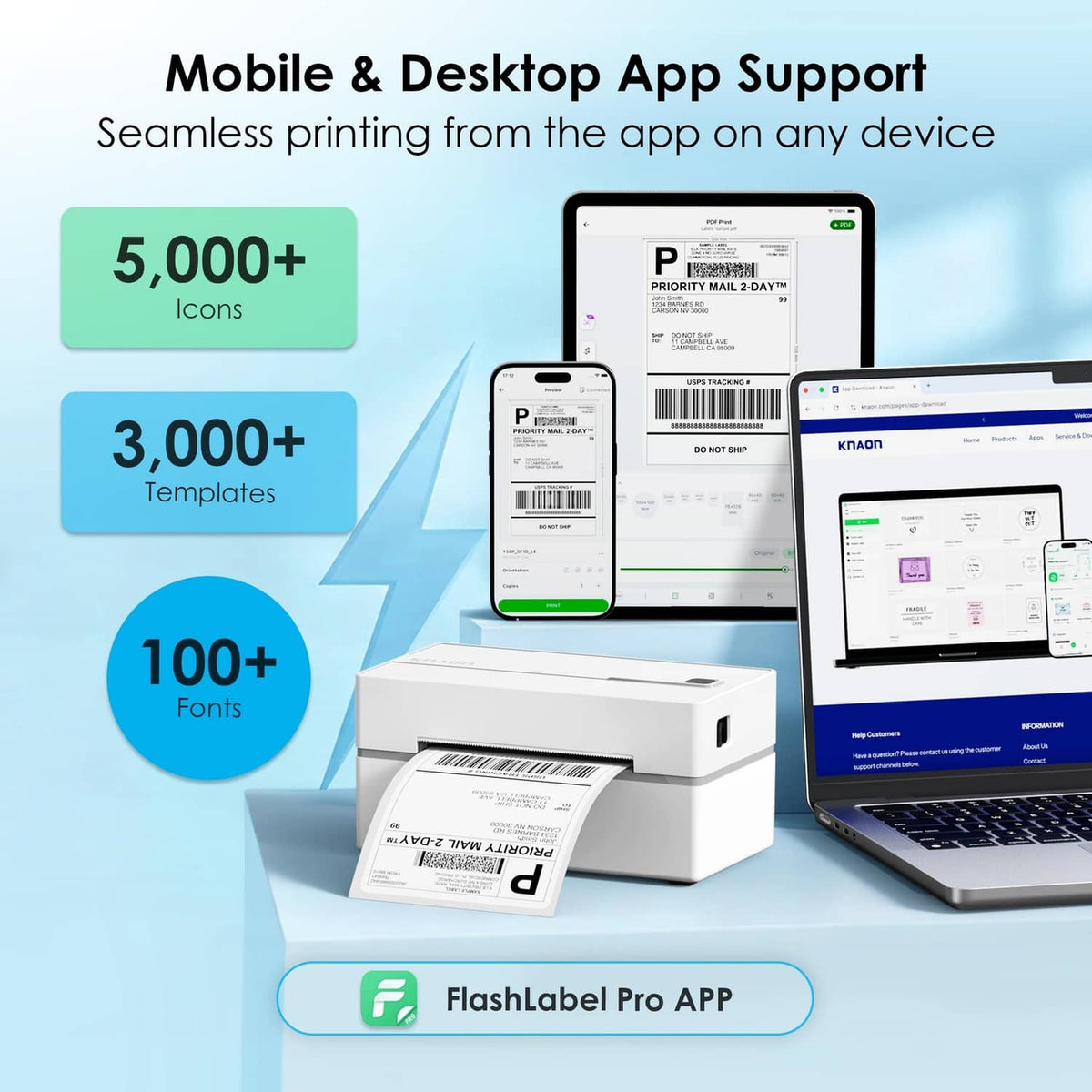 KNAON thermal label printer with mobile and desktop app screens for label printing