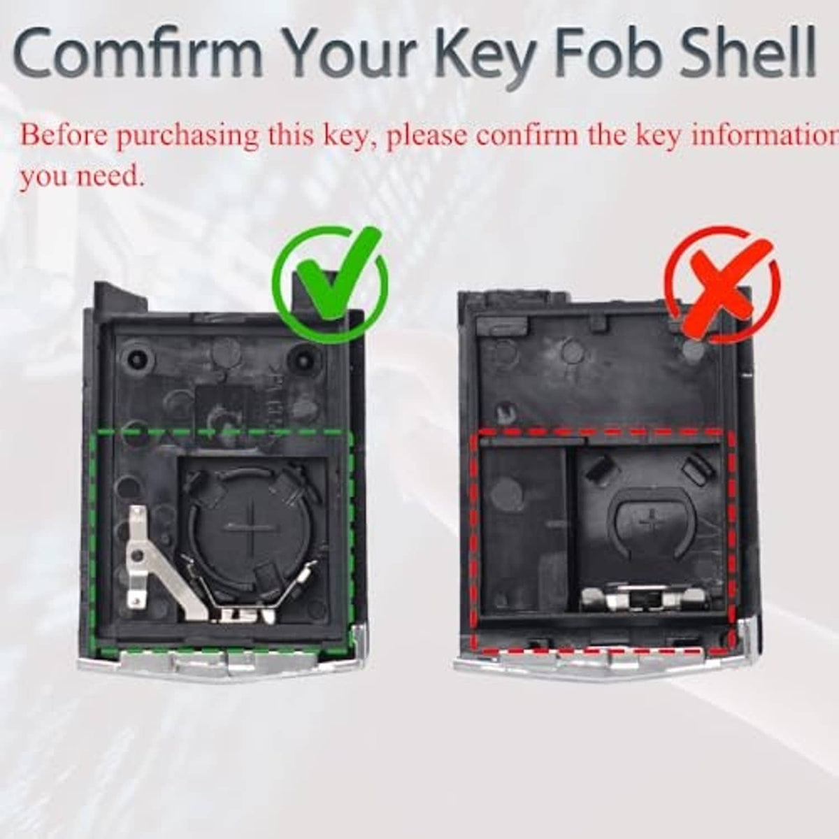 Key fob shell interior comparison panels with green check and red dashed outline for fit