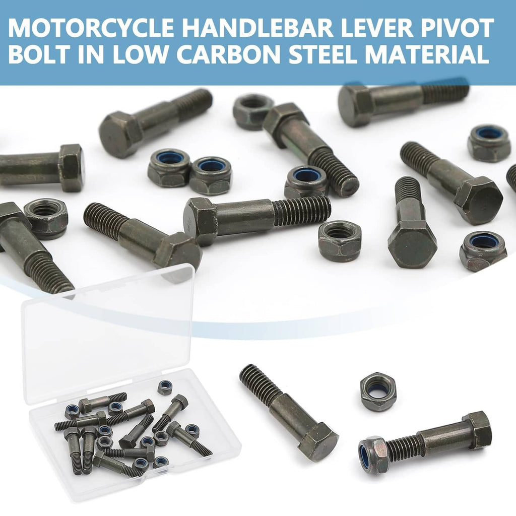 Motorcycle handlebar lever pivot bolts with hex heads and blue-ring nuts, dark gray