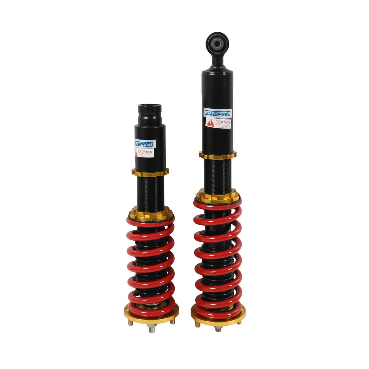 Two coilover shocks showing black dampers, red springs, and gold spring seats