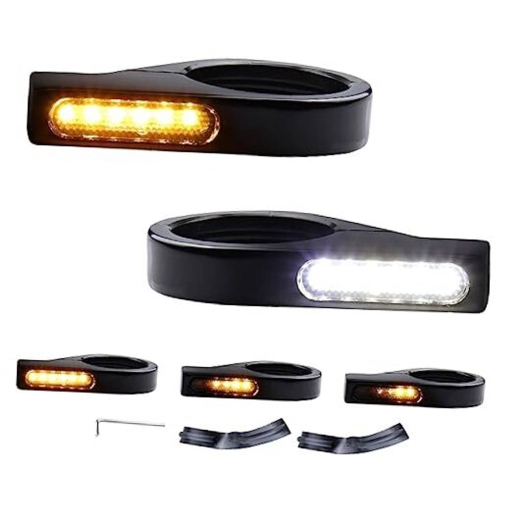Black LED front turn signal with amber and white light bar, fork mounting housing