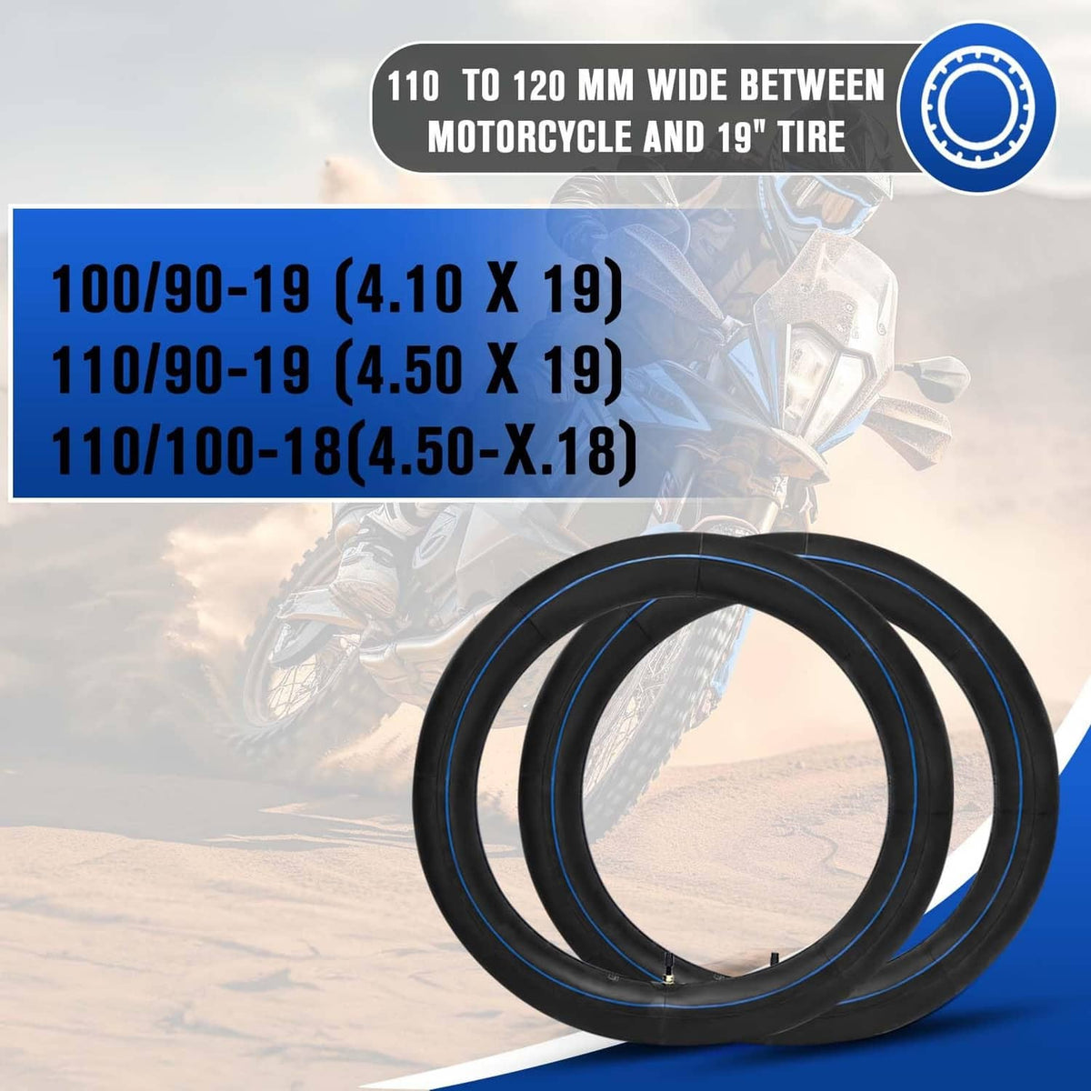 Black dirt bike inner tubes, two coiled 19-inch tubes with brass valve stems