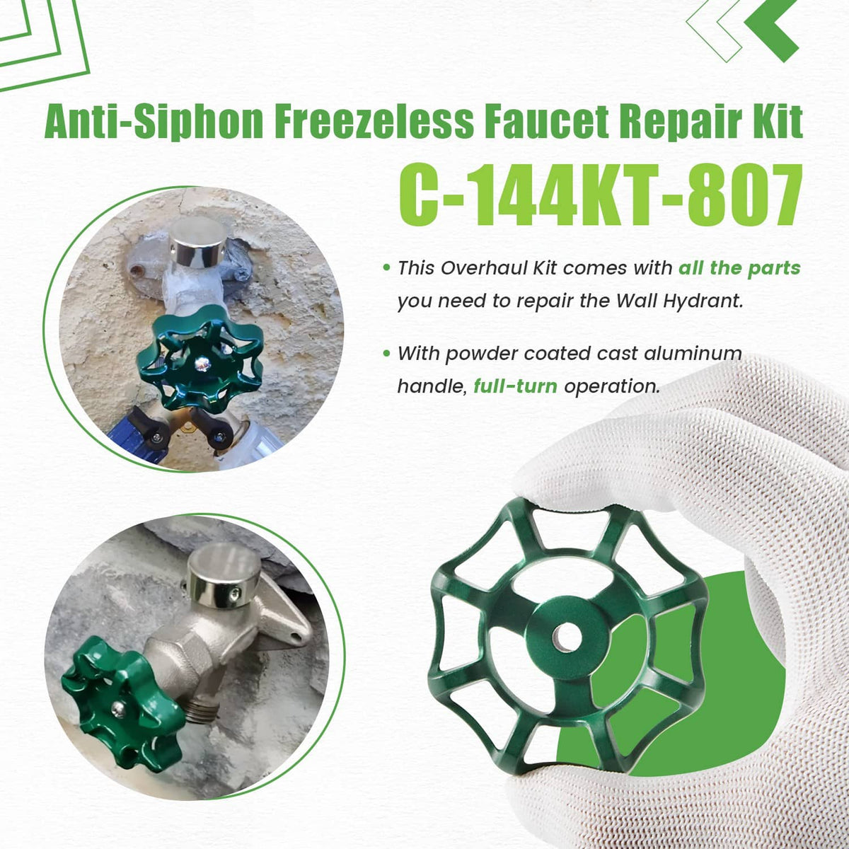 Anti-siphon freezeless faucet repair kit components with green handle wheel and cap