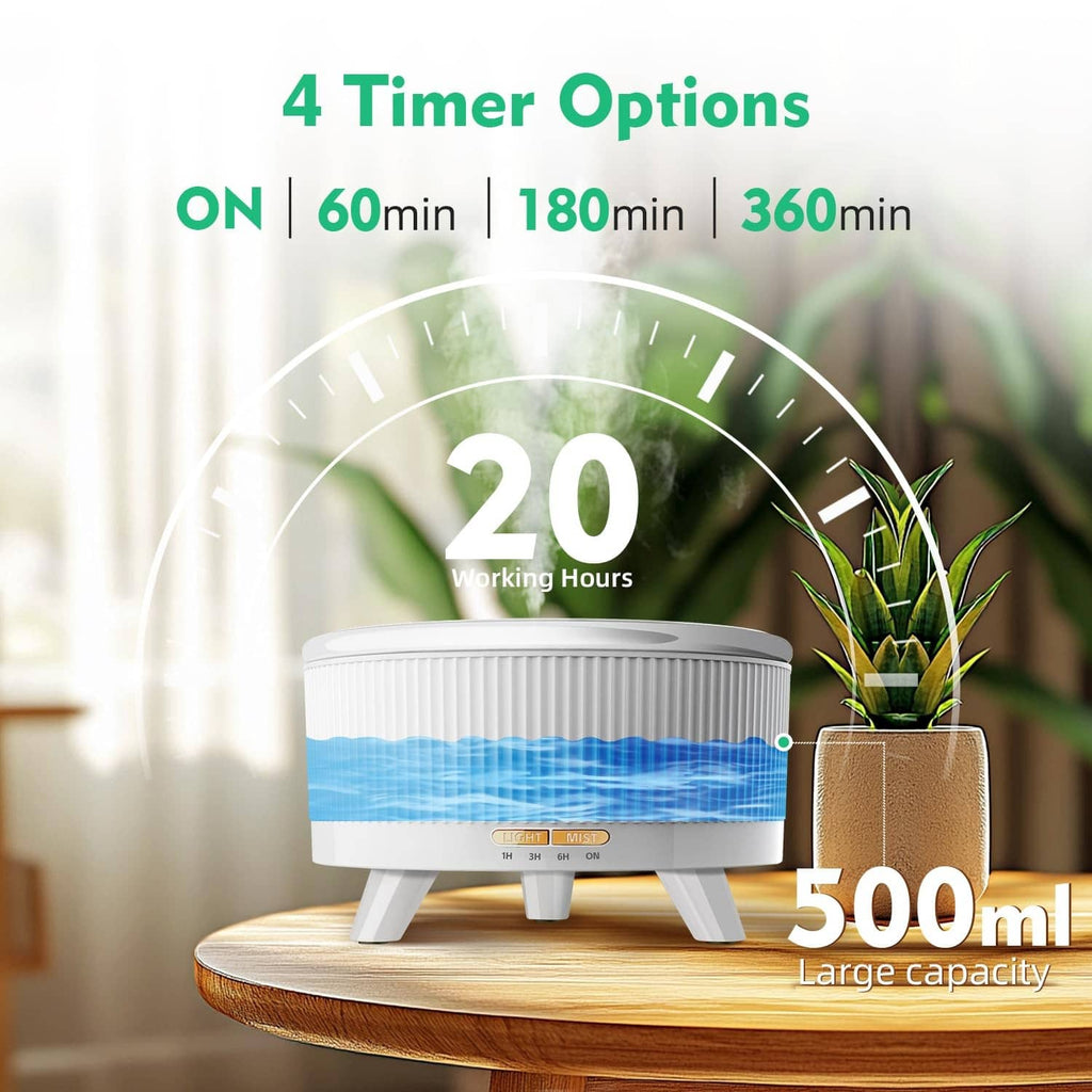 White essential oil diffuser with blue mist effect and front timer display glow.