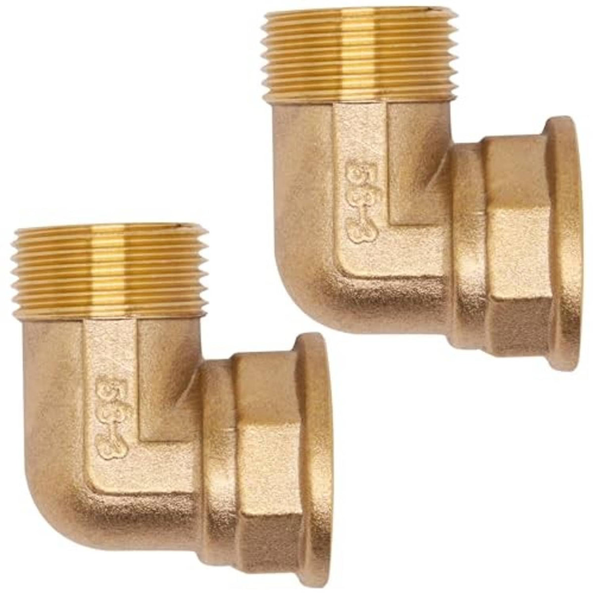 Brass 90-degree pipe elbow fitting with male-to-female NPT threads, angled view