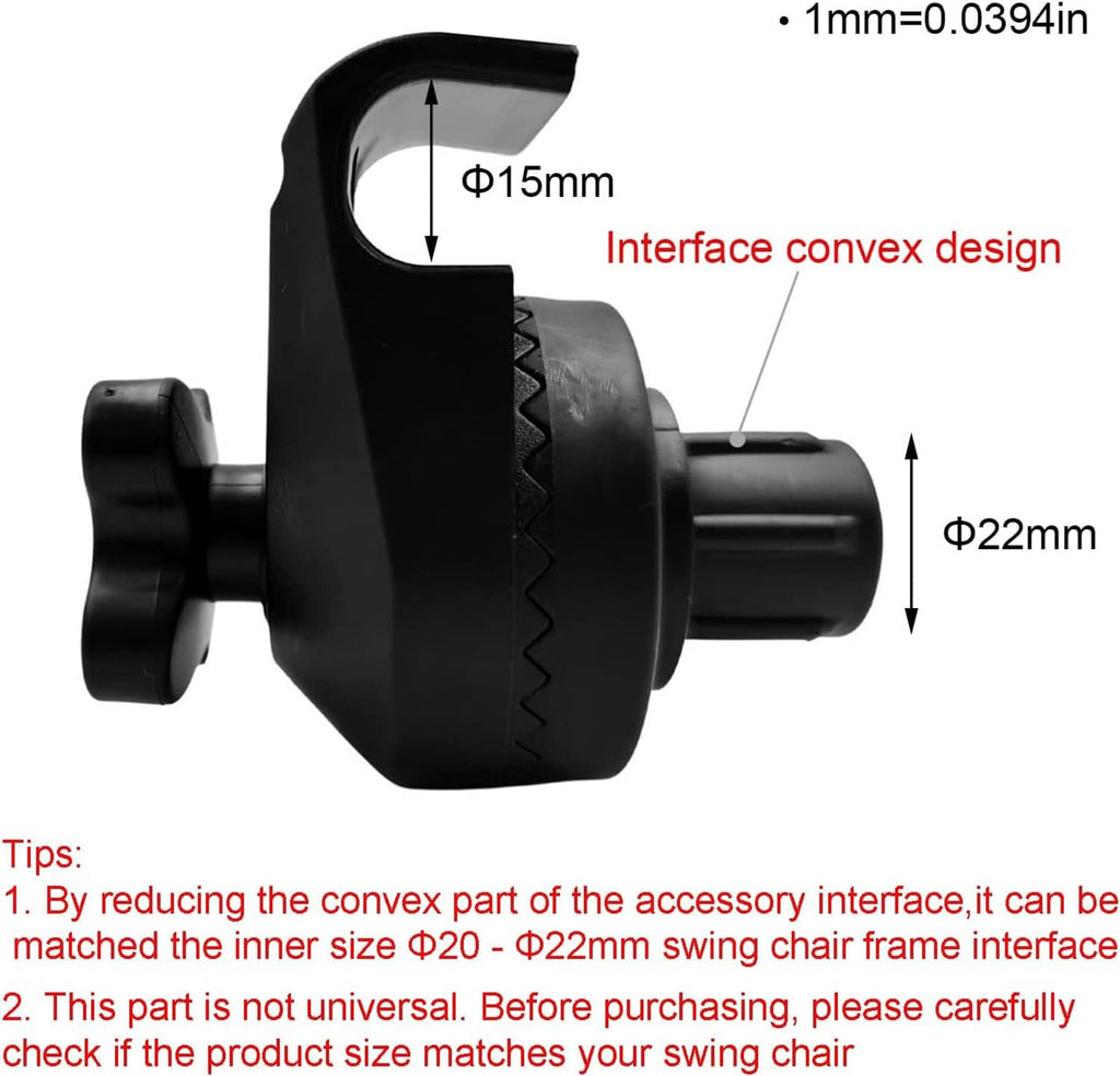Black plastic connector fitting with curved interface and front flange for swing frame
