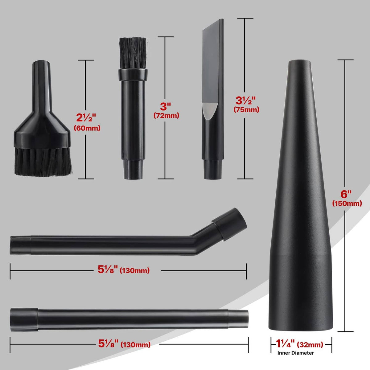 Black micro cleaning nozzle set: round brush nozzle, crevice tip, and extension wand
