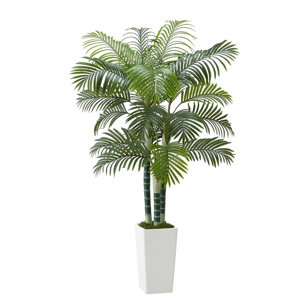 Faux areca palm tree with green leaves and white square planter pot