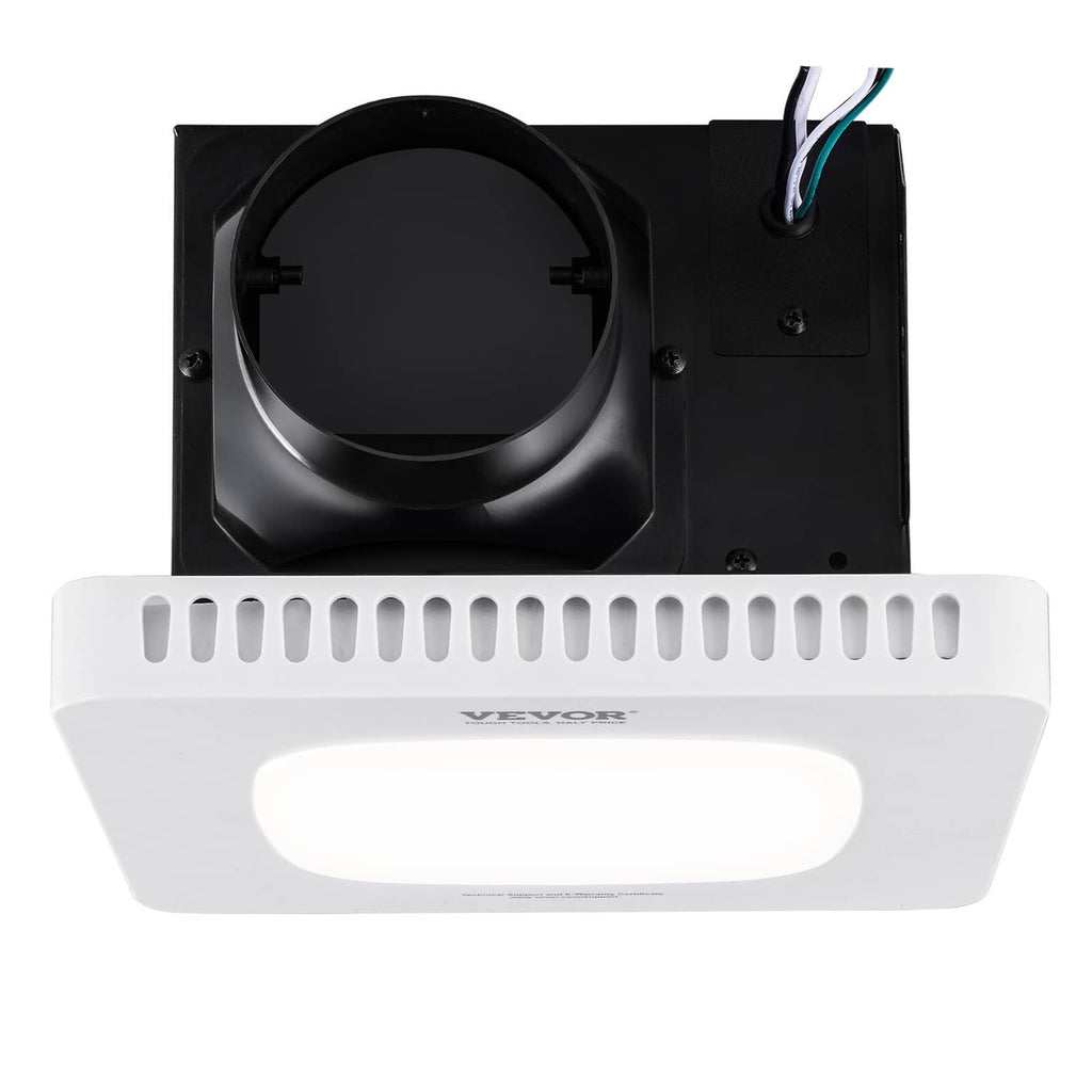 White bathroom exhaust fan with integrated ceiling light, black fan housing, VEVOR