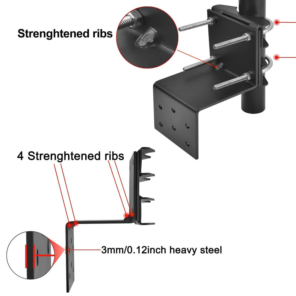 Black antenna pole mount bracket with reinforced ribs and mounting plate side holes