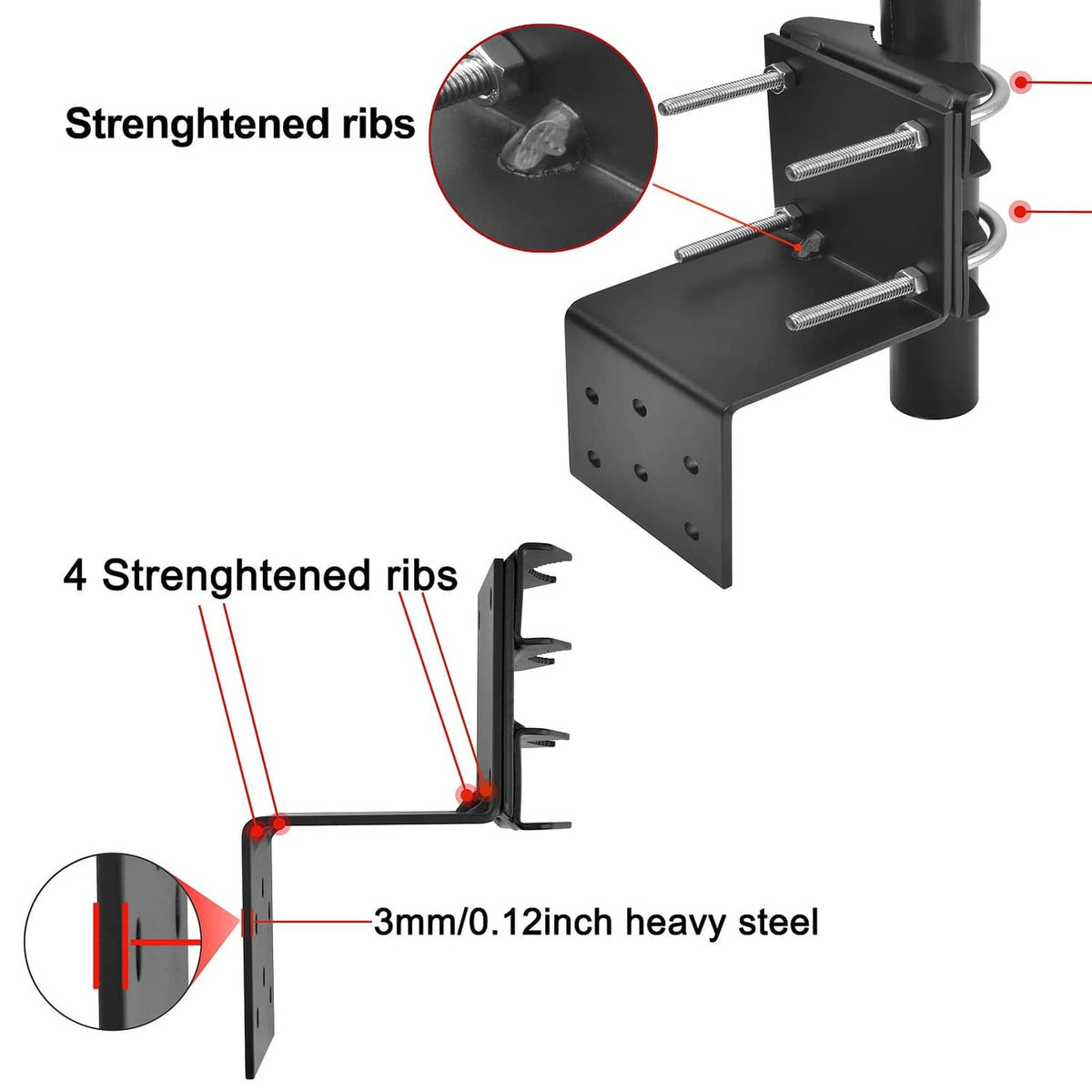 Black antenna pole mount bracket with reinforced ribs and mounting plate side holes
