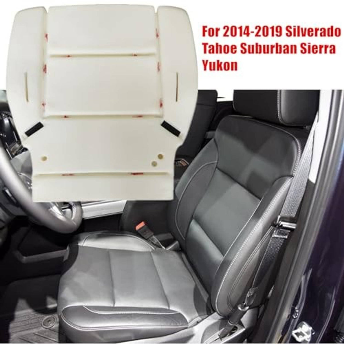 Cream foam seat cushion replacement with black retention straps and red-stitched seams