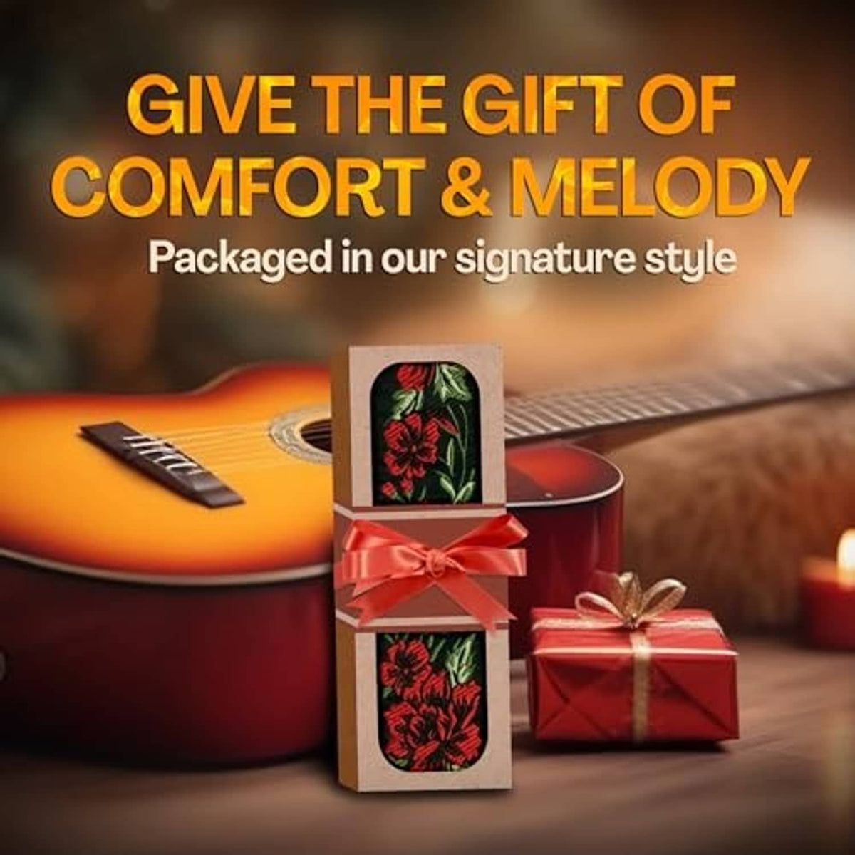 Guitar strap gift box with black strap and red floral woven design