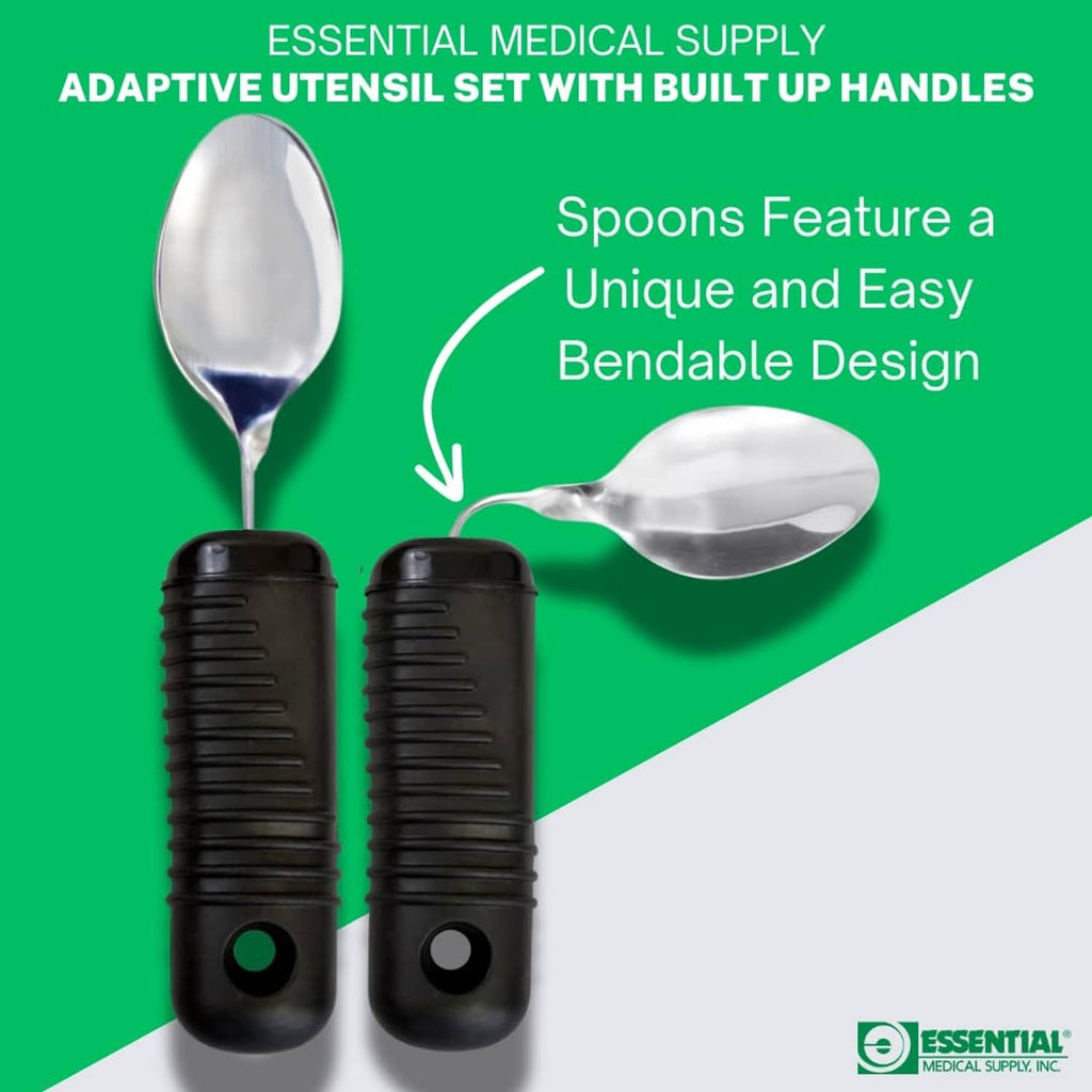 Bendable spoon with black built-up ribbed handle and curved metal bowl